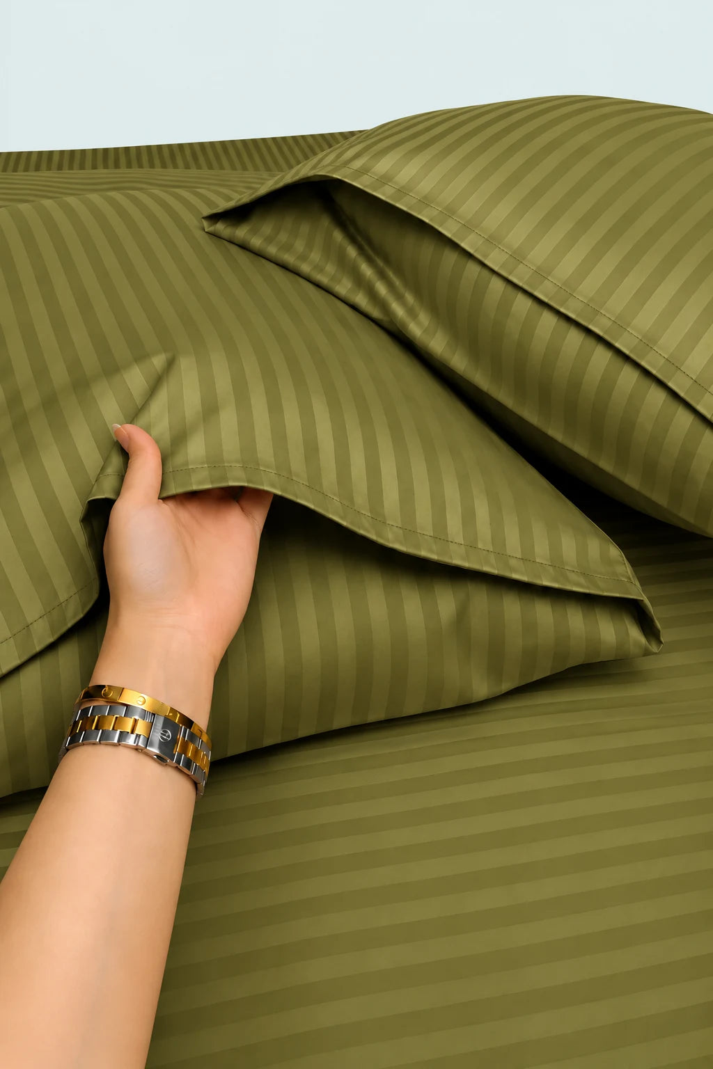 Olive Green Stripe Fitted Bedsheet - King Size