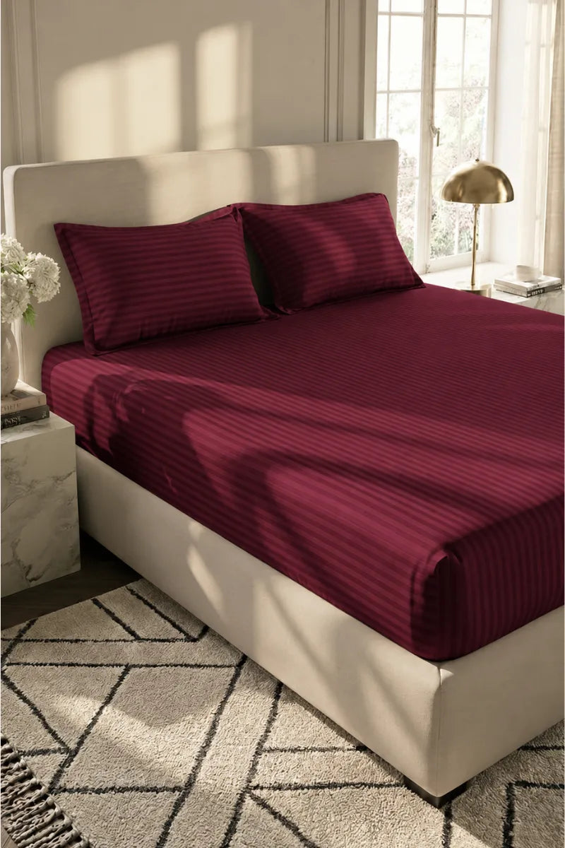 Wine Maroon Stripe Fitted Bedsheet - King Size