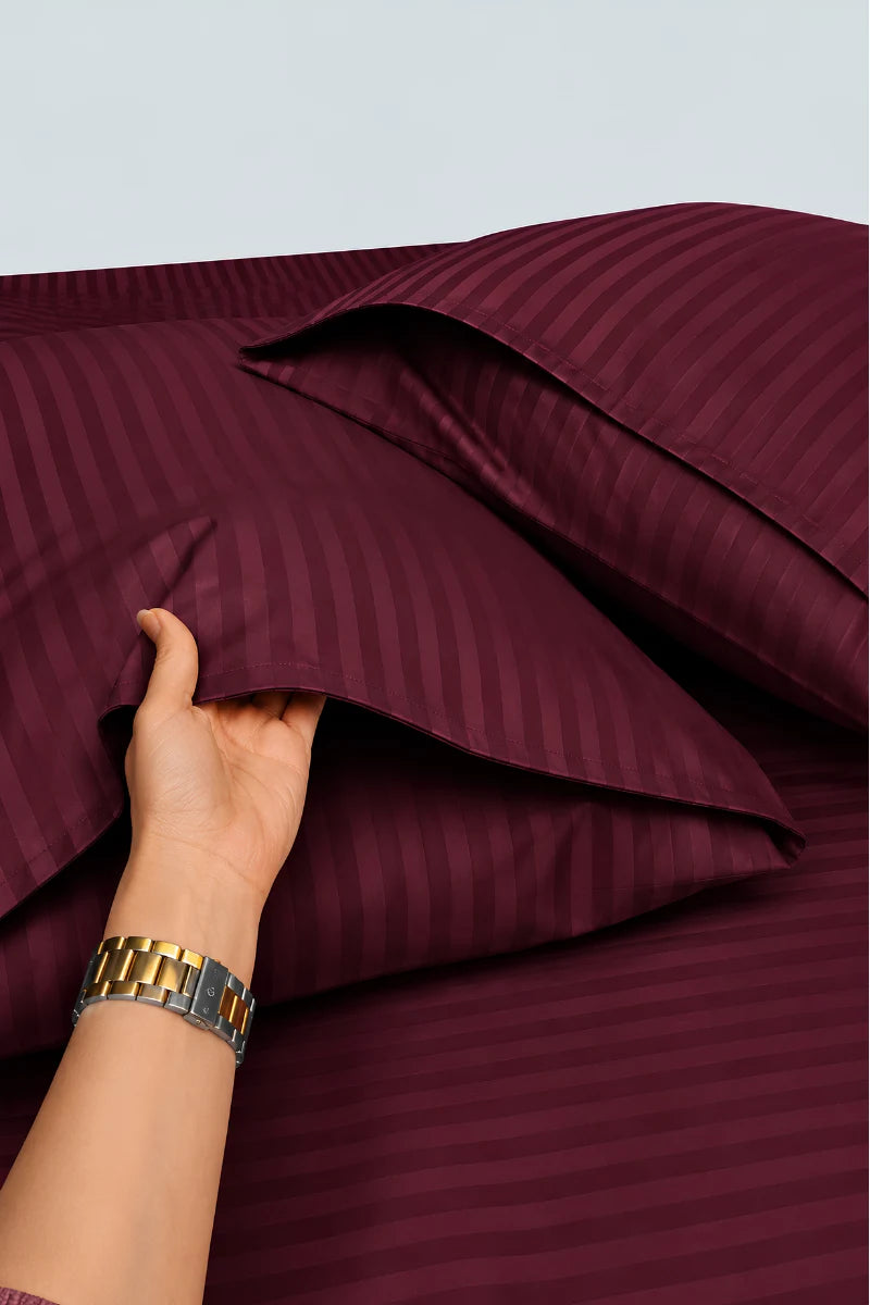 Wine Maroon Stripe Fitted Bedsheet - King Size