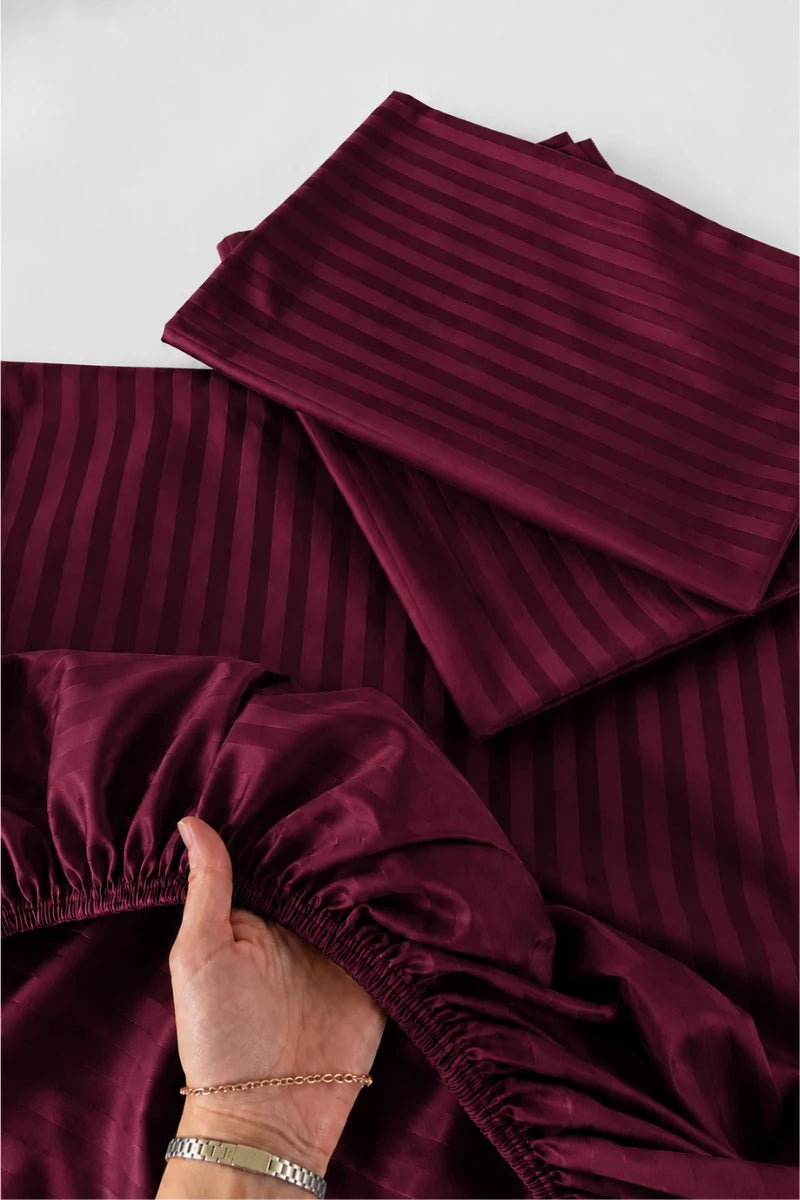 Wine Maroon Stripe Fitted Bedsheet - King Size