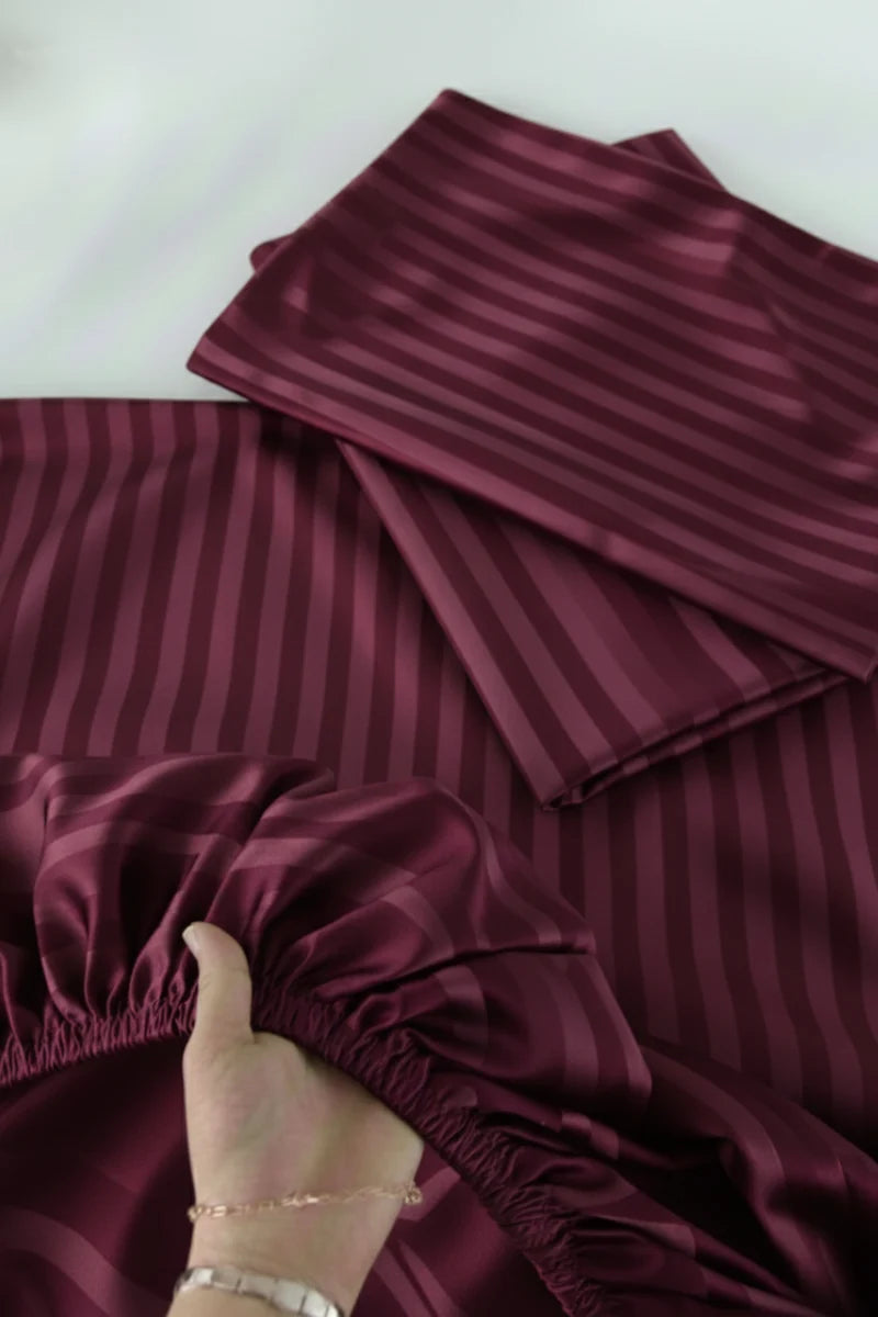 Maroon Red Stripe Fitted Bedsheet - King Size