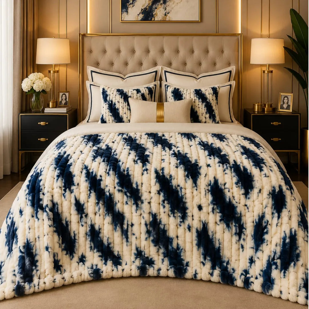 Luxury Navy Blue & Cream Tie-Dye Bubble Design Fluffy Fleece Double Bed AC Blanket (220 GSM)