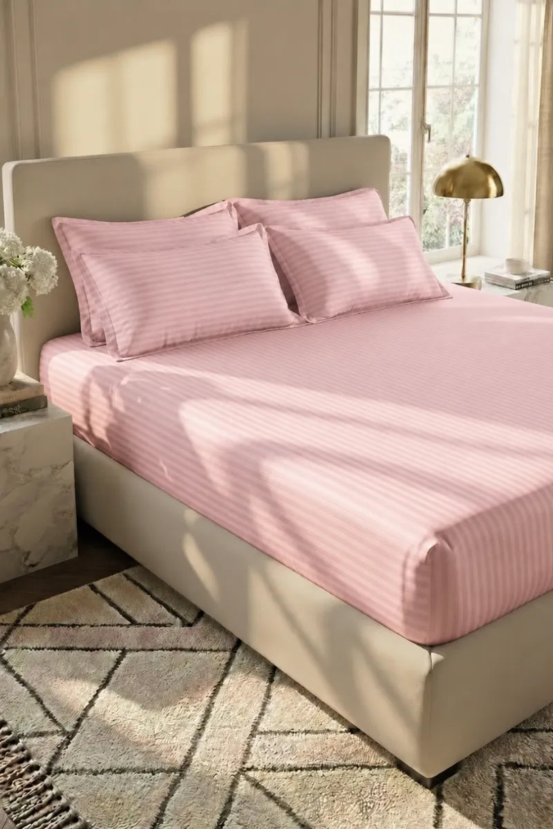 Blush Pink 5-Piece Stripe Fitted Bedsheet Set – King Size