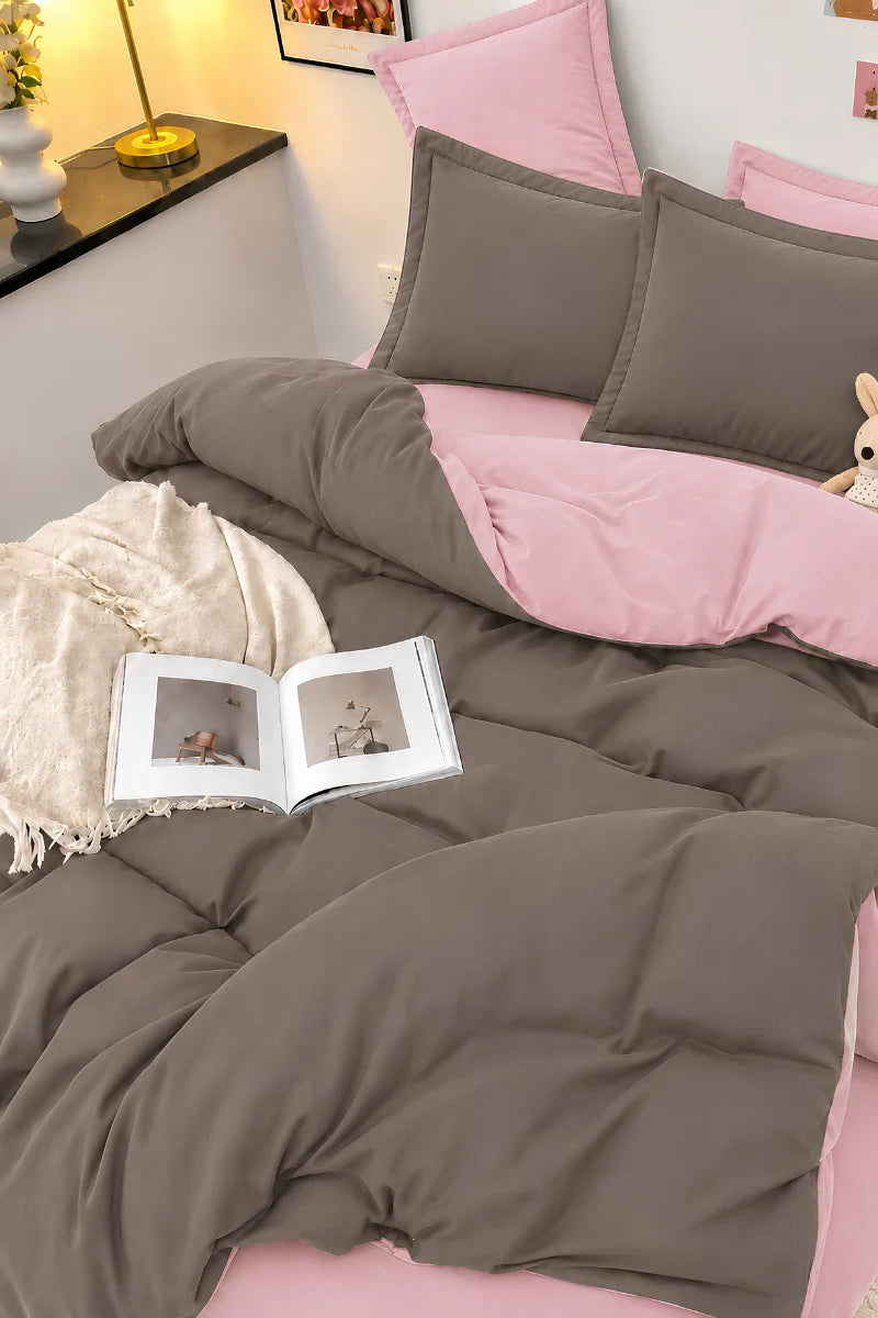 Taupe Grey & Blush Pink Reversible 6-Piece Duvet Cover Set
