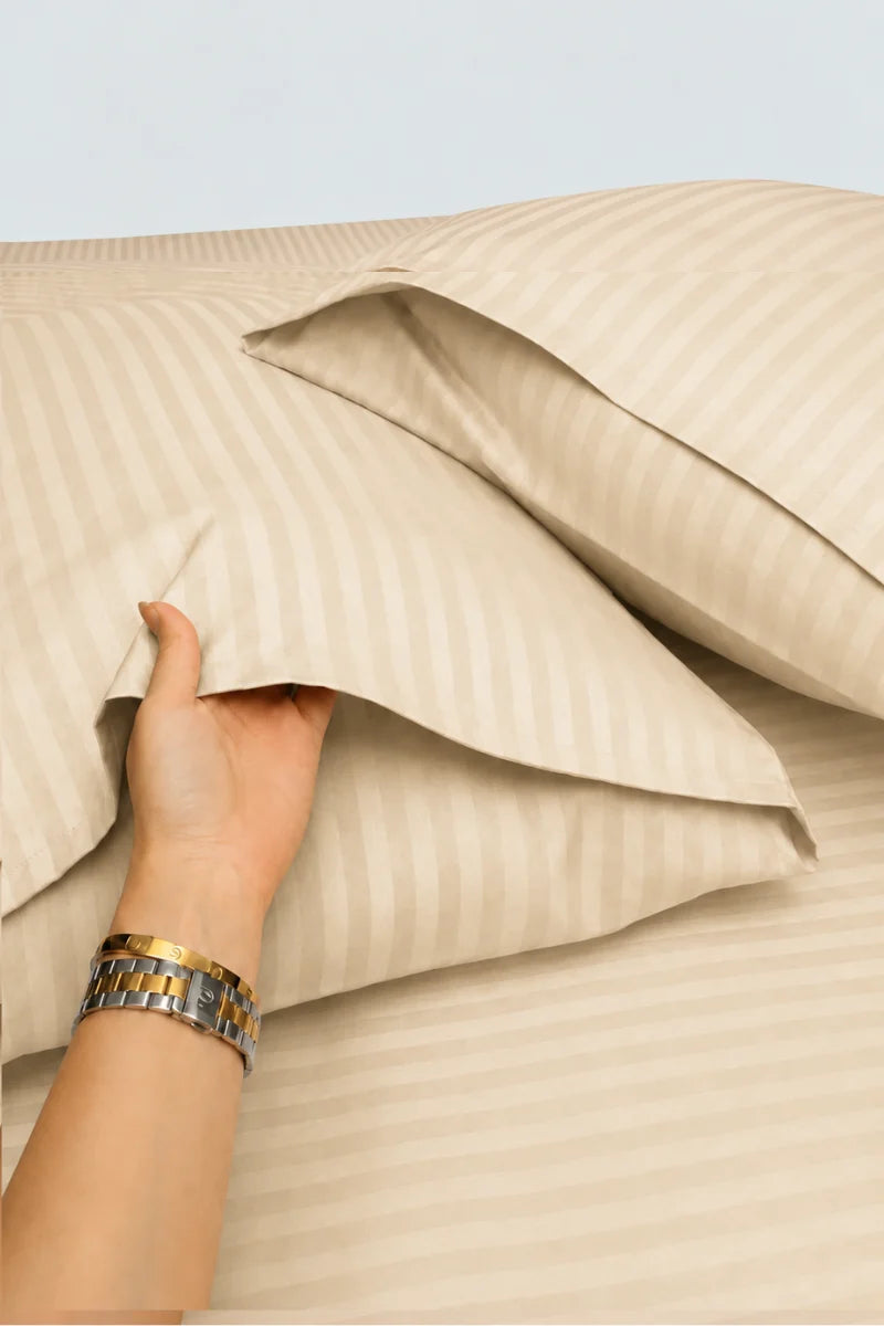 Cream Beige Stripe Fitted Bedsheet - King Size