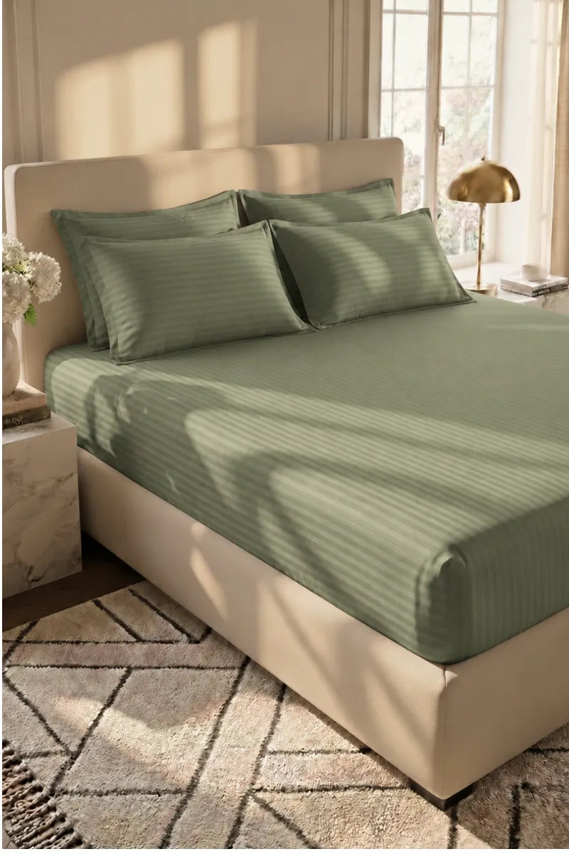 Sage Green Stripe Fitted Bedsheet - King Size