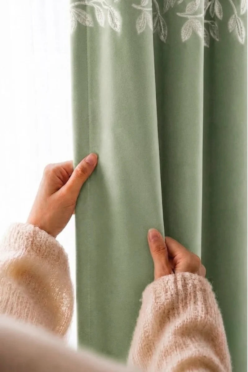 Sage Green Floral Vine Velvet Curtains – Set of 2 Panels
