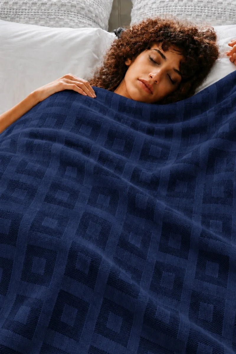 Navy Blue Thermal Cotton Blanket – Geometric Weave Texture
