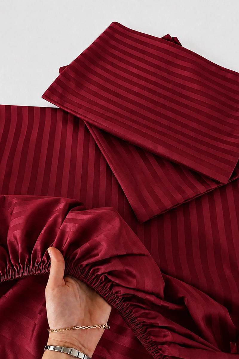 Deep Crimson Red Stripe Fitted Bedsheet - King Size