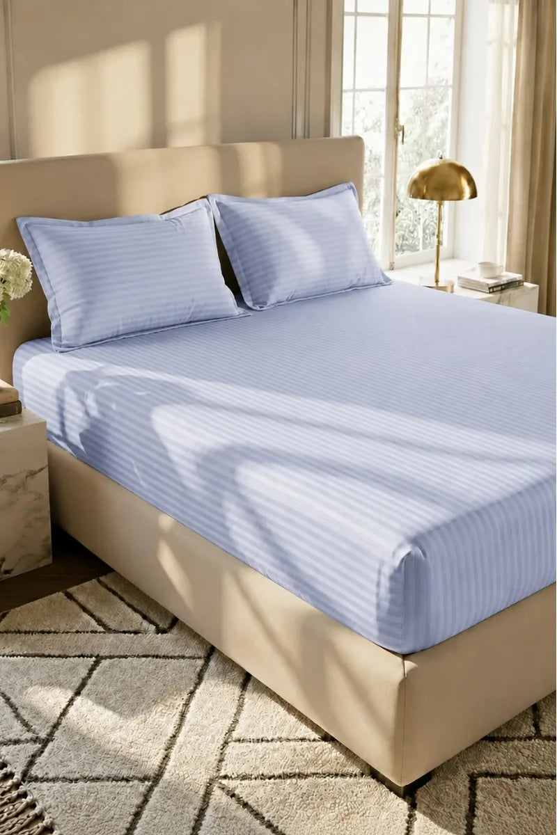 Ice Blue Stripe Fitted Bedsheet - King Size