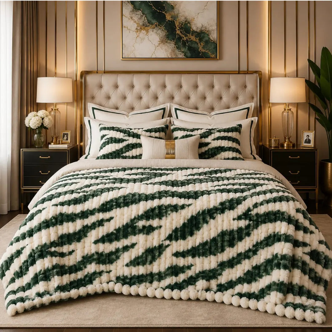 Luxury Emerald Green & Cream Zebra Print Bubble Design Fluffy Fleece Double Bed AC Blanket (220 GSM)