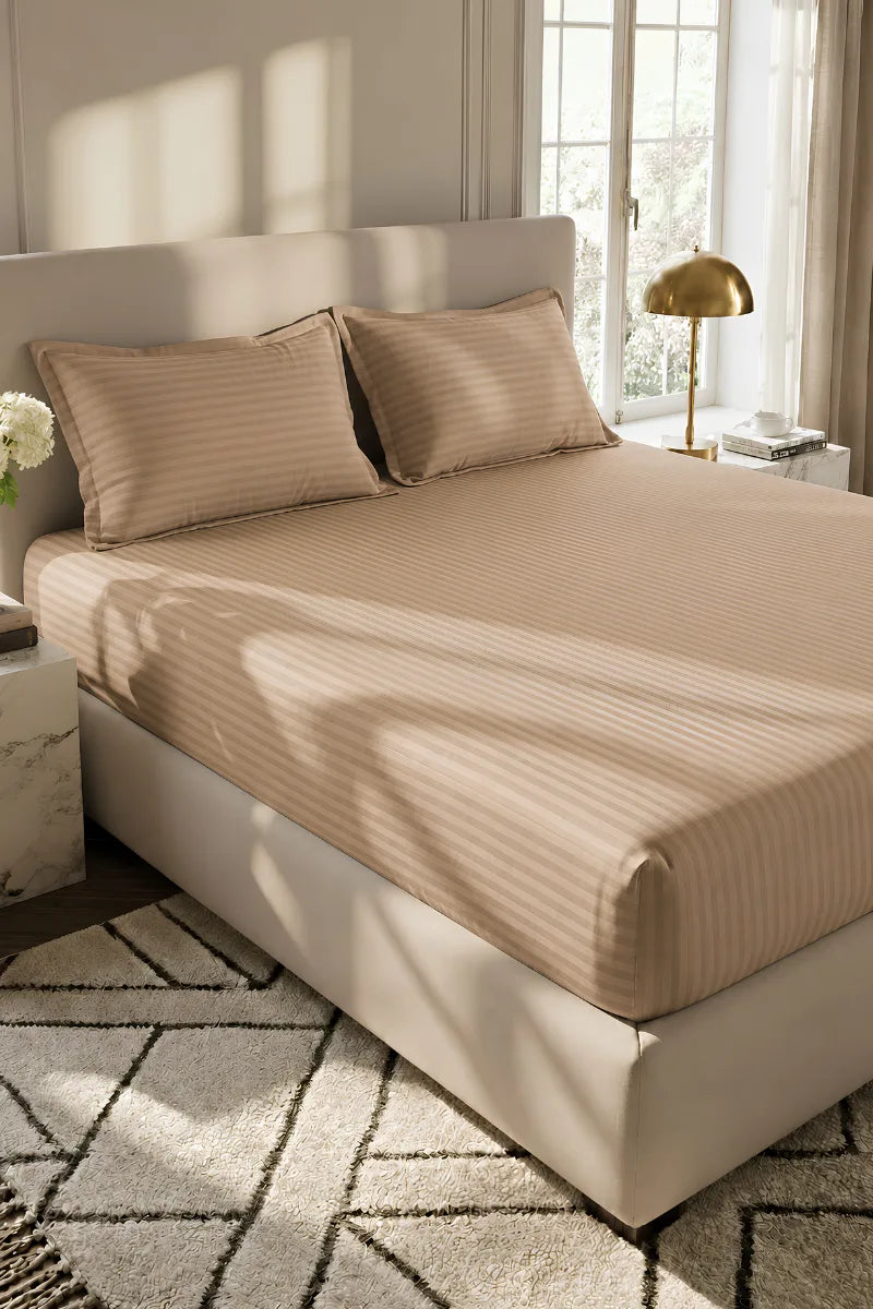 Light Coffee Stripe Fitted Bedsheet - King Size