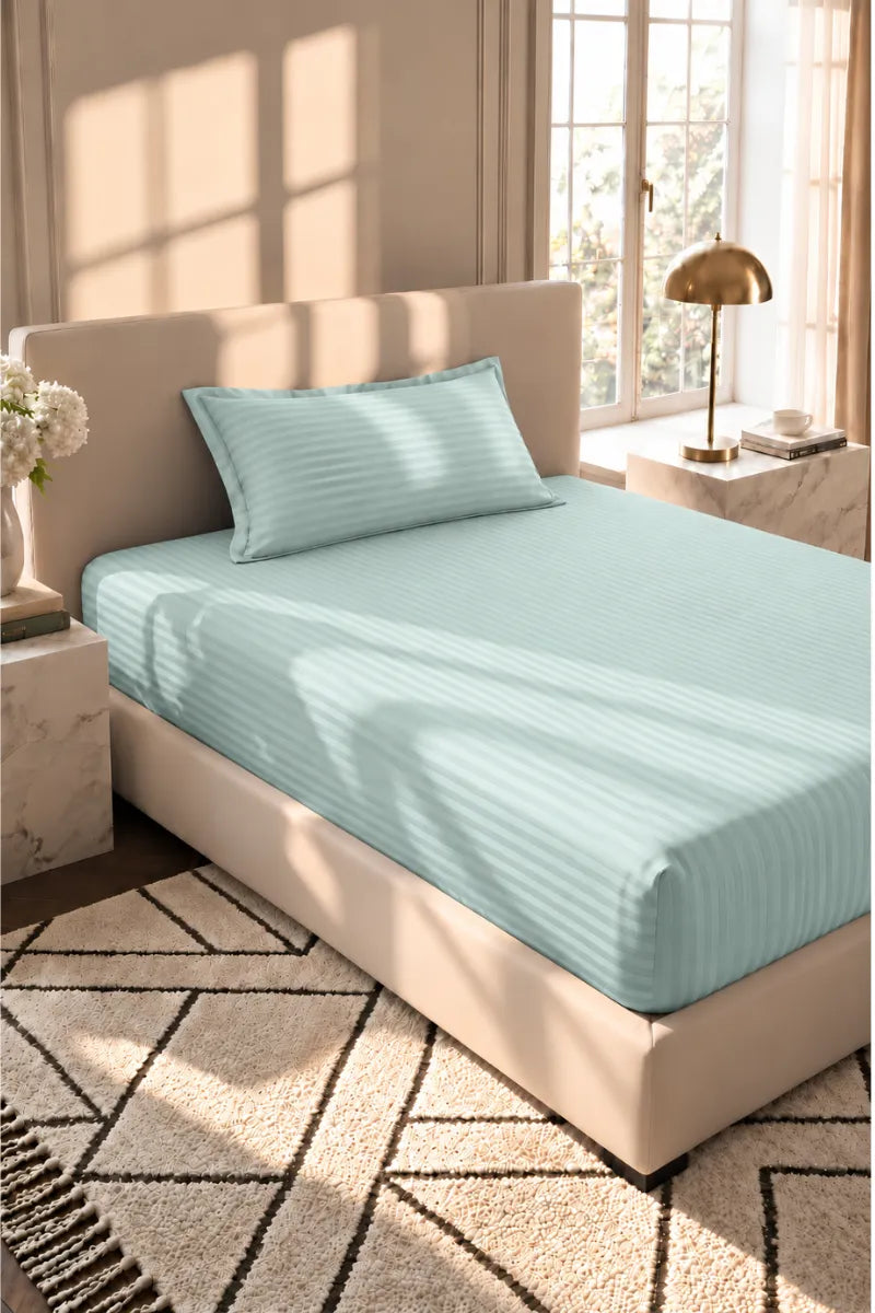Mint Green Stripe Fitted Bedsheet - King Size