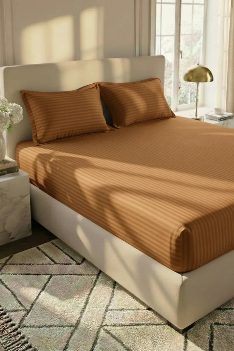 Copper Brown Stripe Fitted Bedsheet - King Size