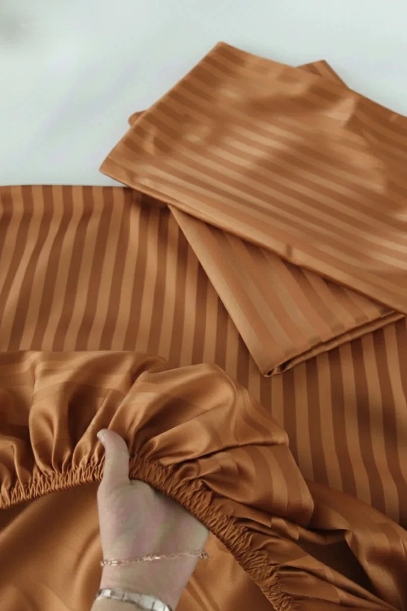 Copper Brown Stripe Fitted Bedsheet - King Size