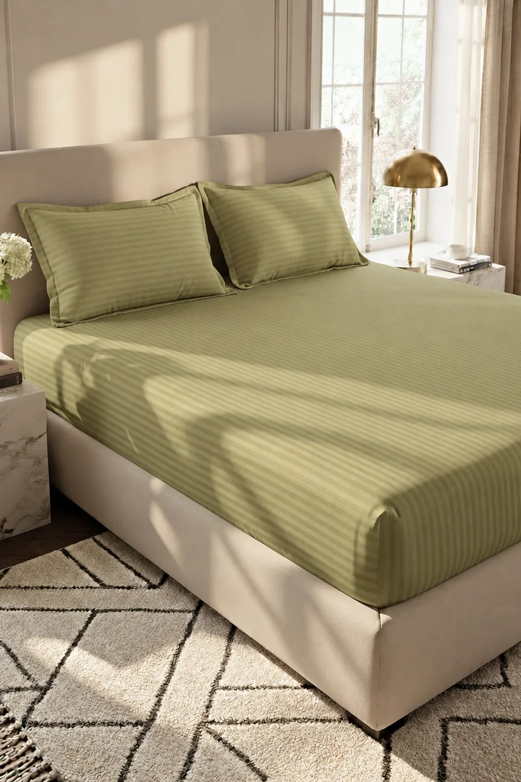 Light Olive Green Stripe Fitted Bedsheet - King Size