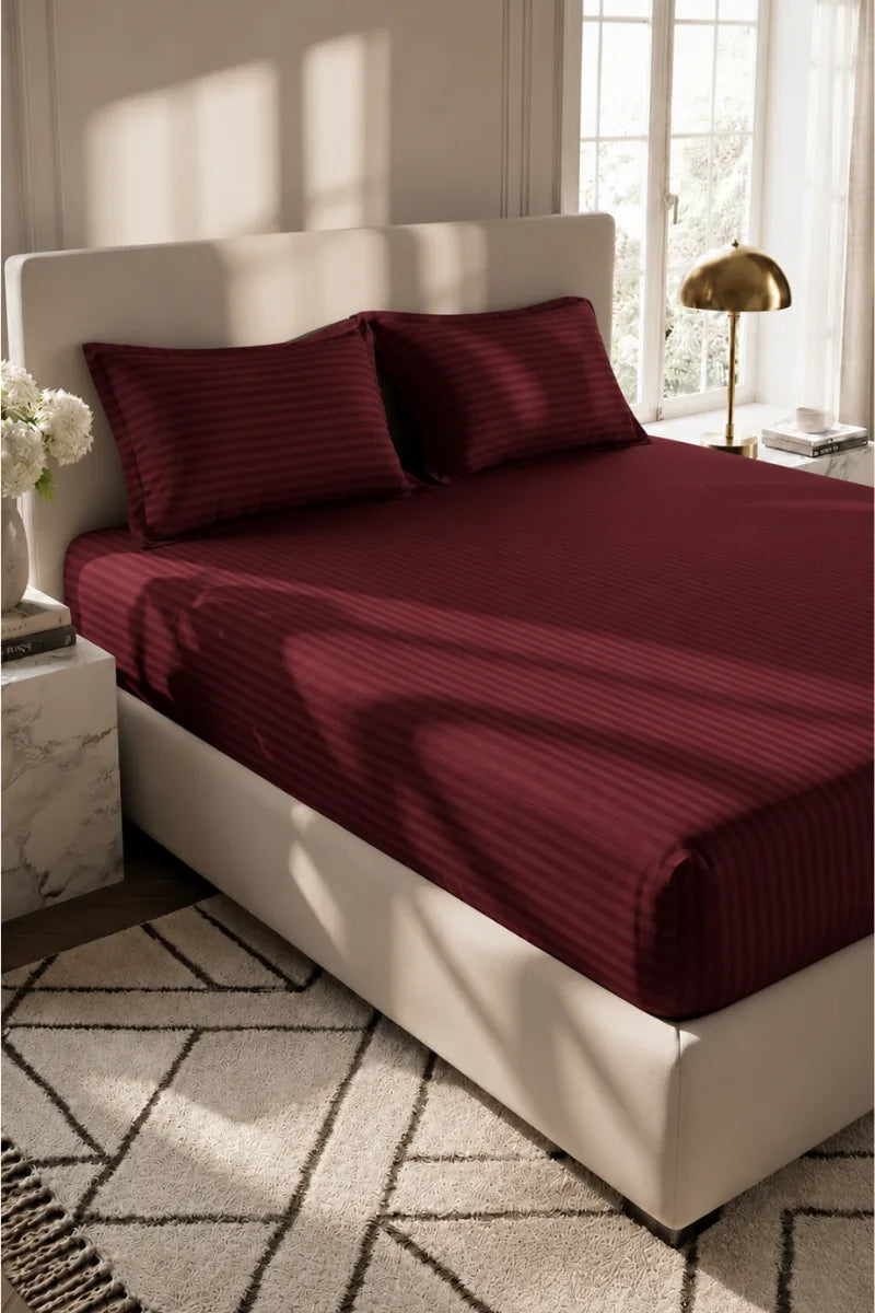 Maroon Burgundy Stripe Fitted Bedsheet - King Size