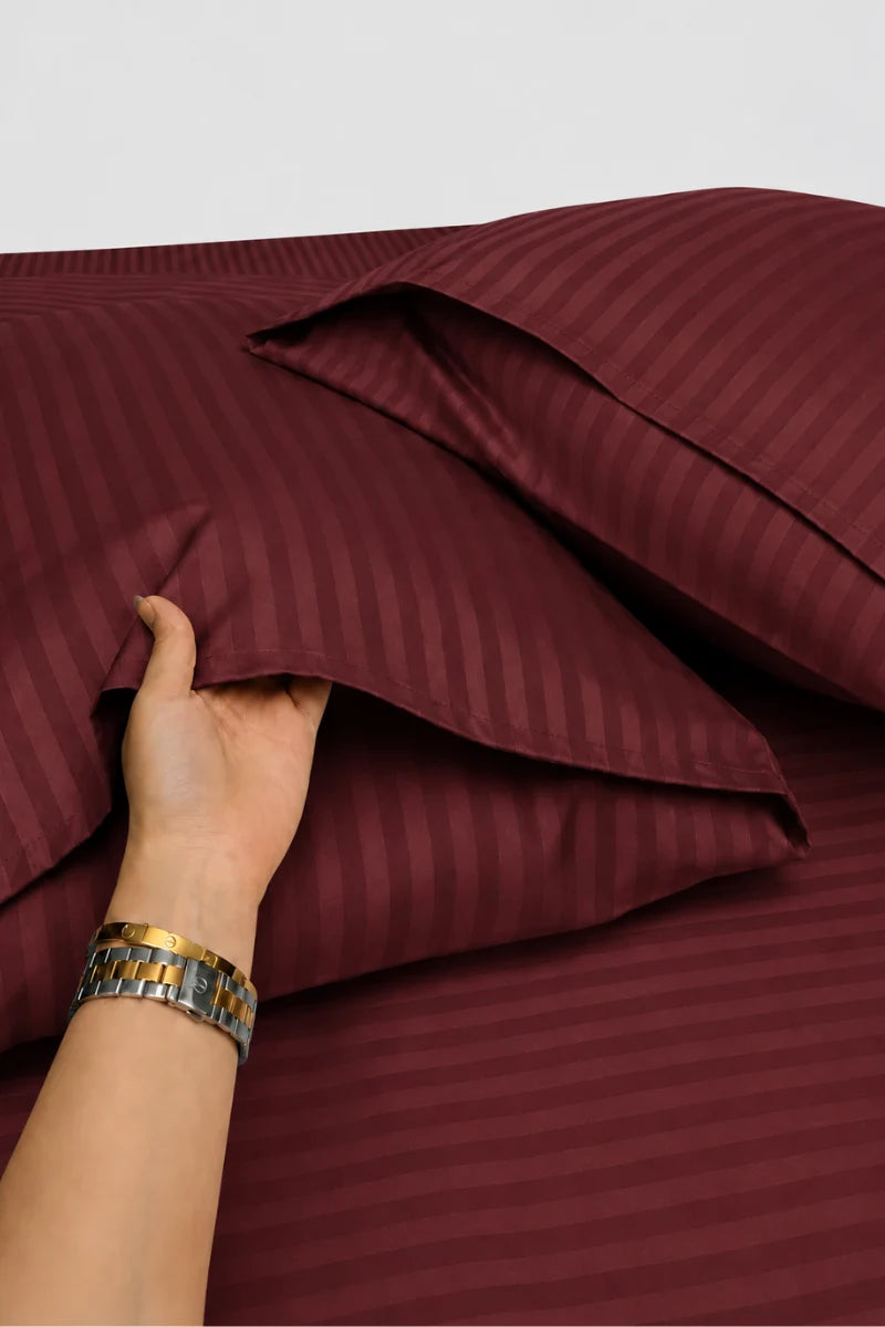 Maroon Burgundy Stripe Fitted Bedsheet - King Size