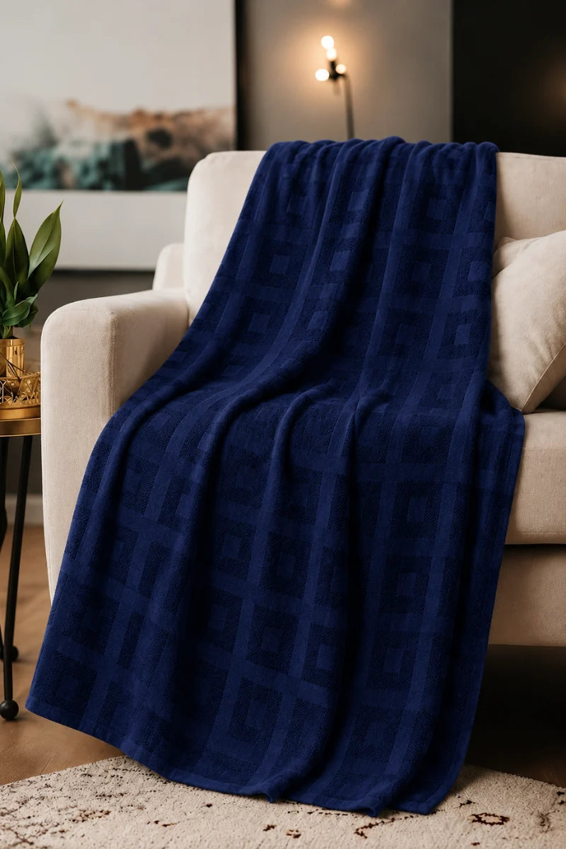Navy Blue Thermal Cotton Blanket – Geometric Weave Texture