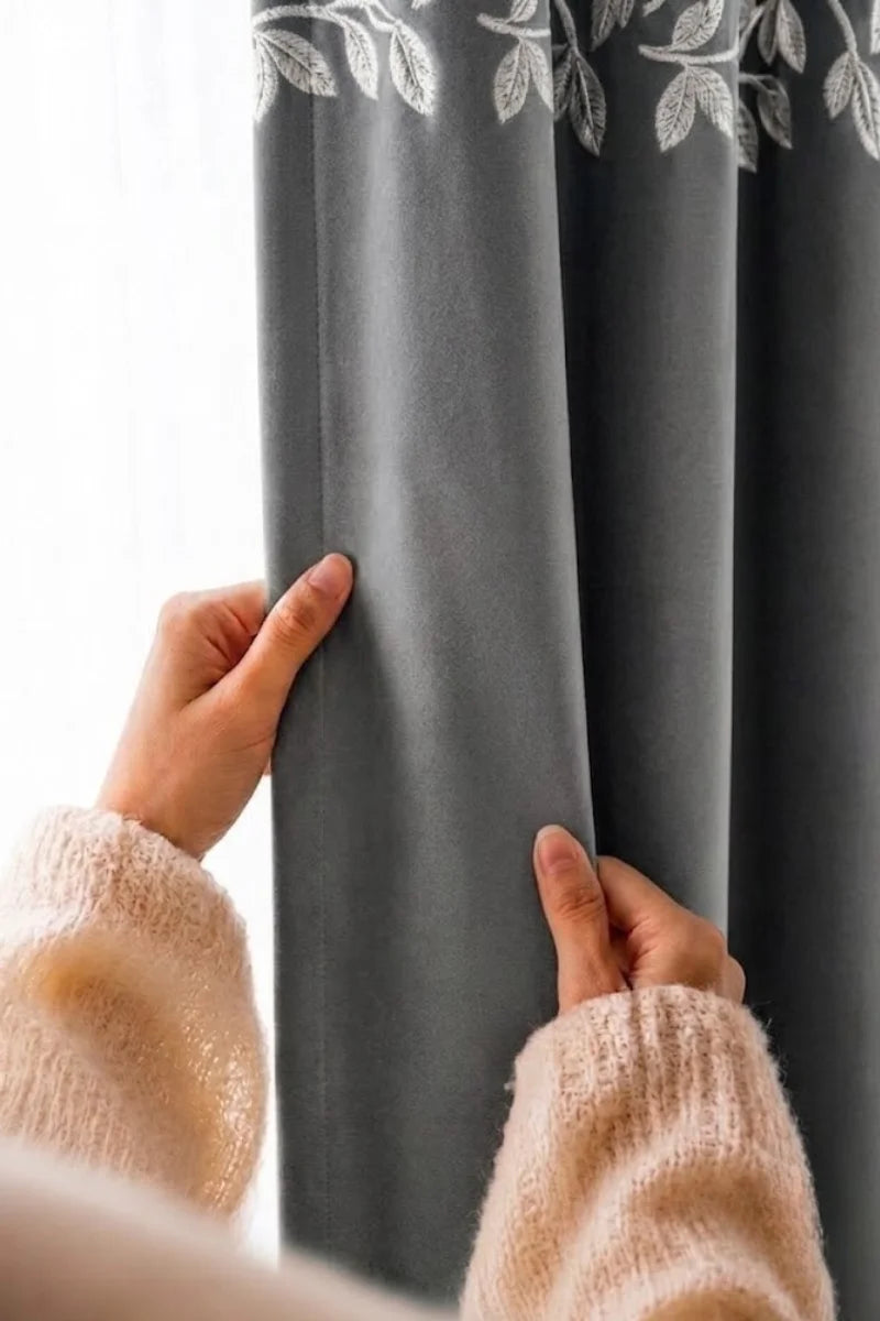Dark Grey Floral Vine Velvet Curtains – Set of 2 Panels