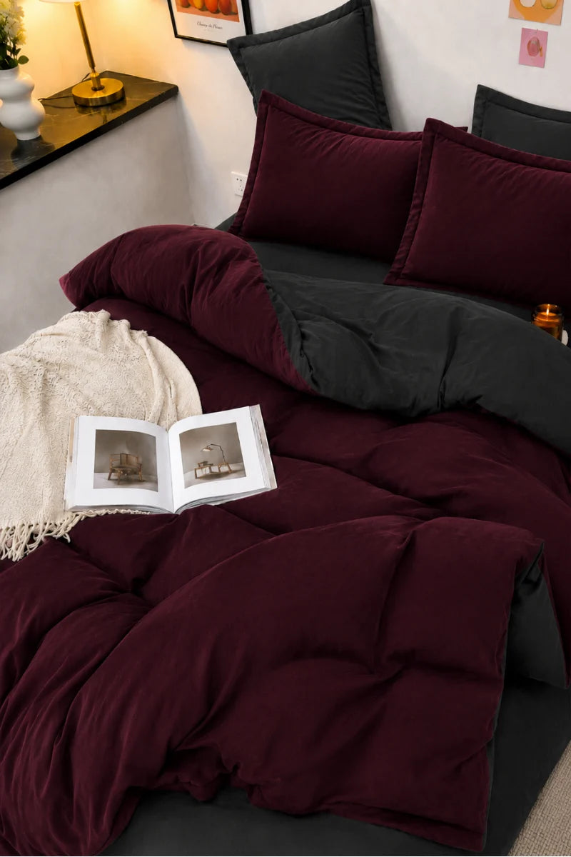 Burgundy & Charcoal Grey Reversible 6-Piece Duvet Cover Set