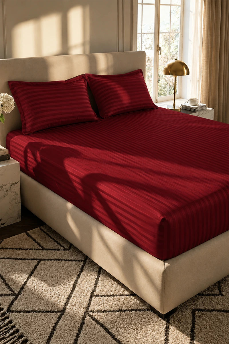Deep Crimson Red Stripe Fitted Bedsheet - King Size