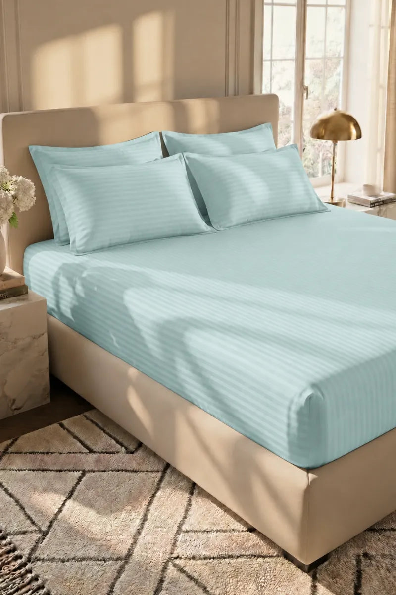 Mint Green Stripe Fitted Bedsheet - King Size