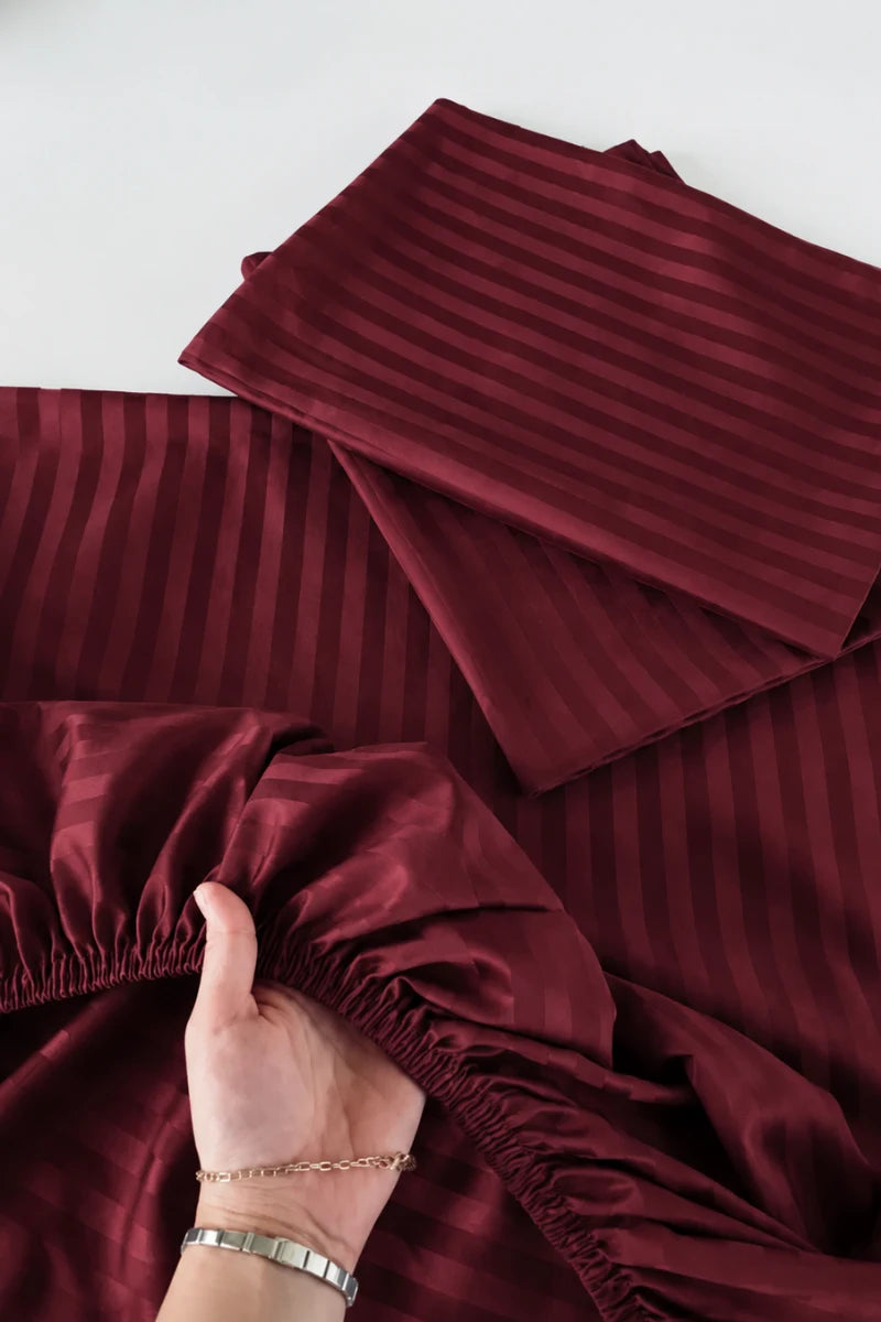Maroon Burgundy Stripe Fitted Bedsheet - King Size