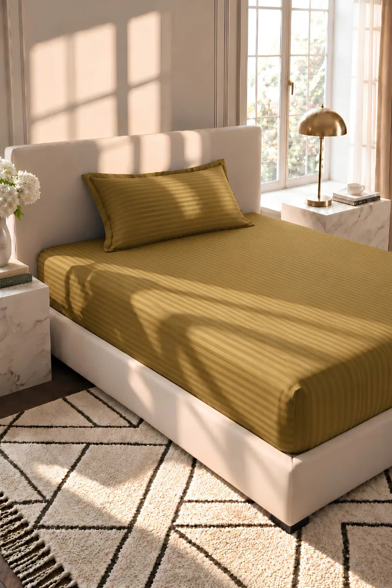 Antique Gold Stripe Fitted Bedsheet - King Size