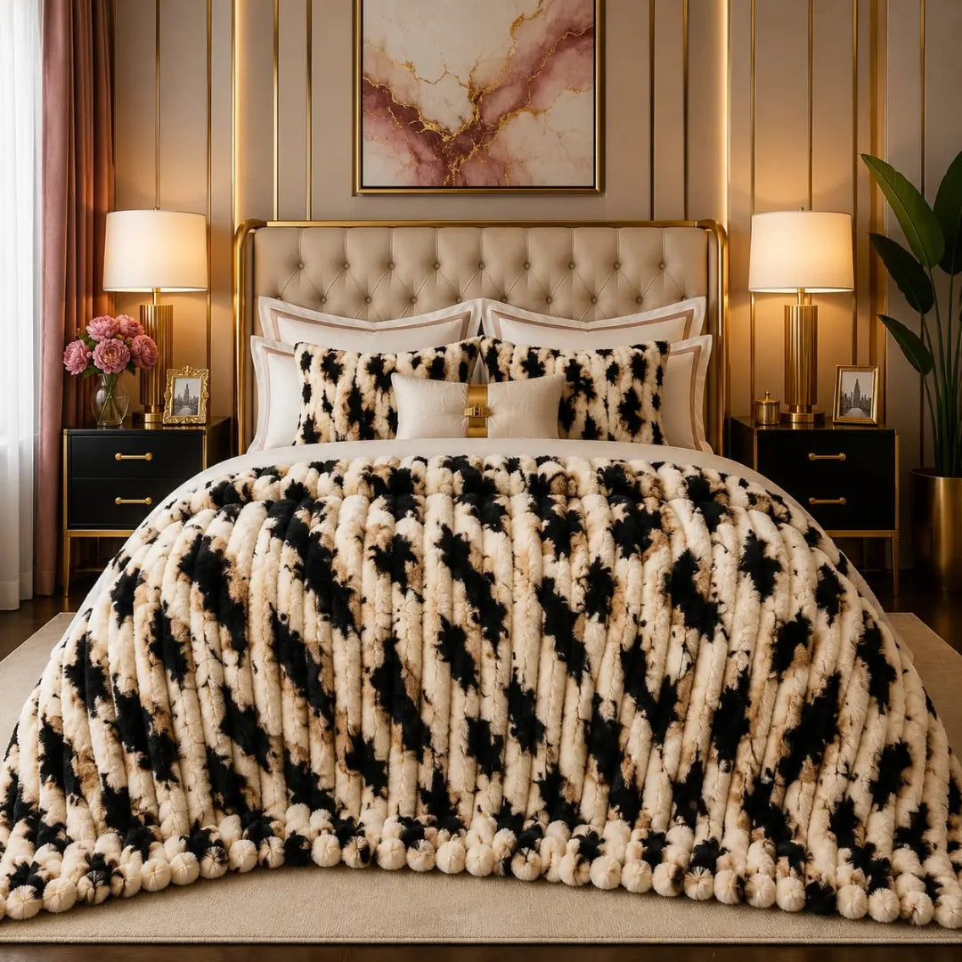 Luxury Black, Gold & Cream Leopard Patch Bubble Design Fluffy Fleece Double Bed AC Blanket (220 GSM)
