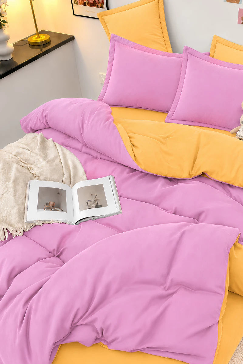 Mustard Yellow & Lilac Pink Reversible 6-Piece Duvet Cover Set