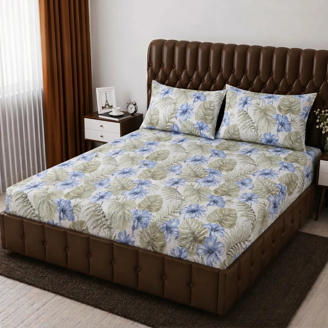 Floral Micro Cotton Fitted Sheet Set 72×78 + 10” with Matching Pillow Cover