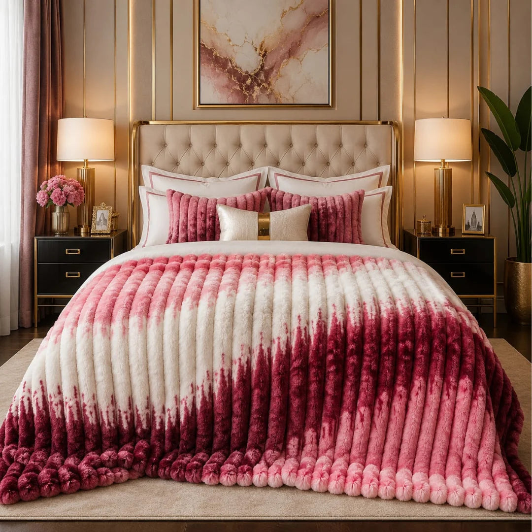 Luxury Maroon, Pink & Cream Striped Bubble Design Fluffy Fleece Double Bed AC Blanket (220 GSM)