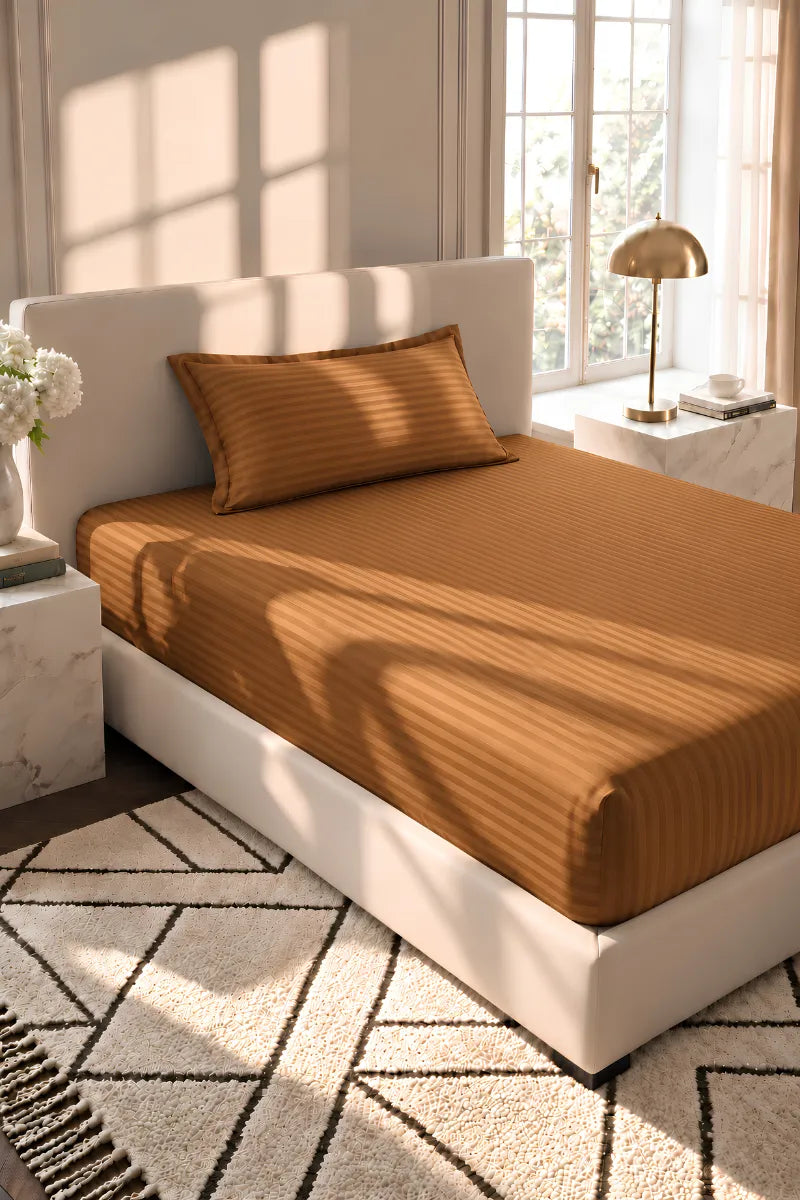 Camel Brown Stripe Fitted Bedsheet - King Size