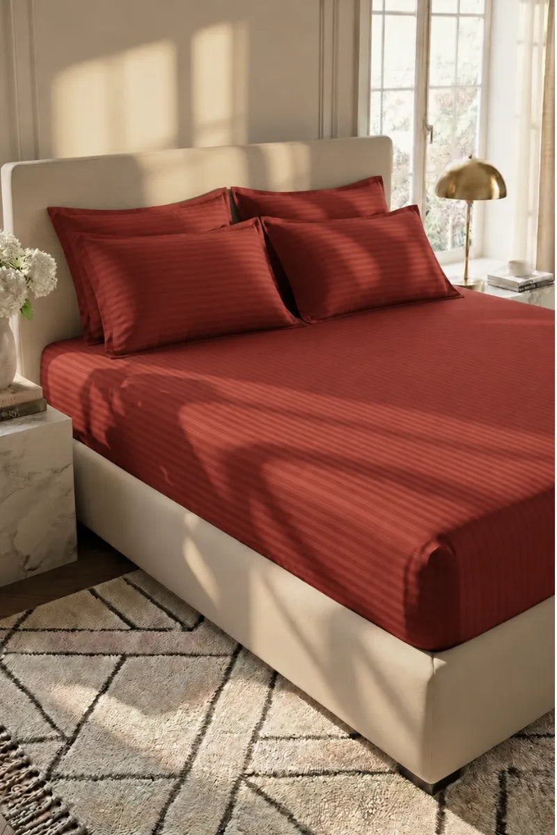 Rust Red 5-Piece Stripe Fitted Bedsheet Set – King Size