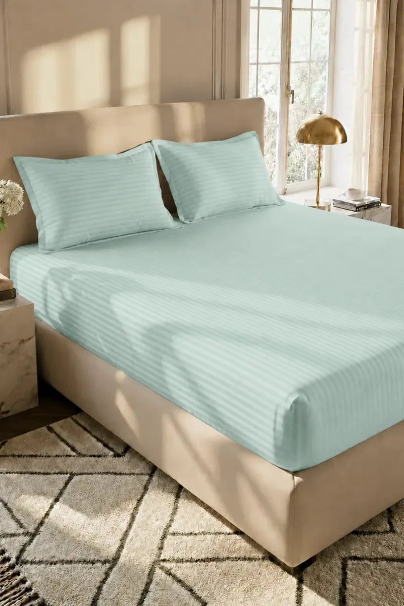 Mint Green Stripe Fitted Bedsheet - King Size