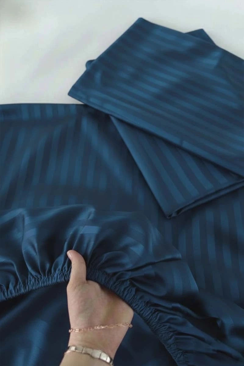 Royal Teal Stripe Fitted Bedsheet - King Size