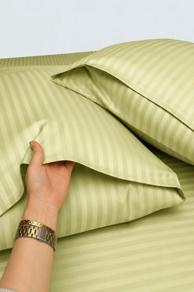 Pistachio Green Stripe Fitted Bedsheet - King Size