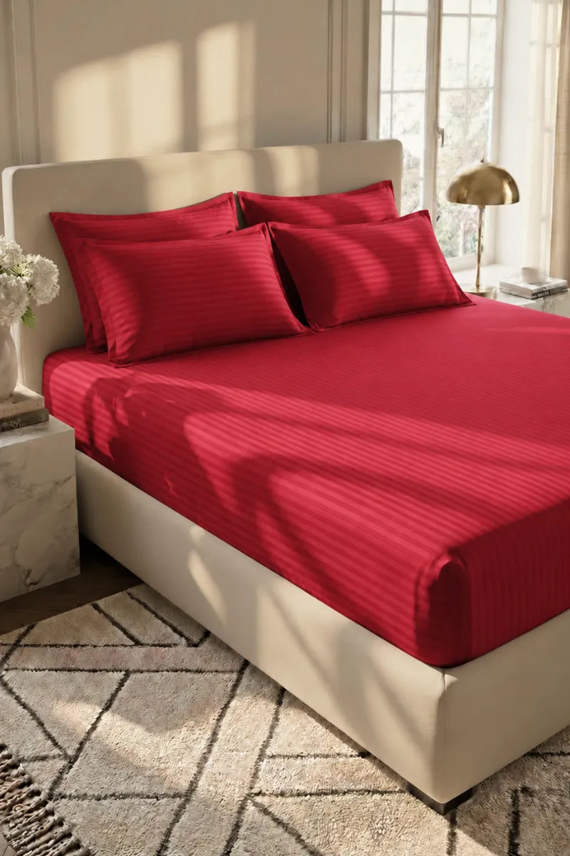 Ruby Red Stripe Fitted Bedsheet - King Size