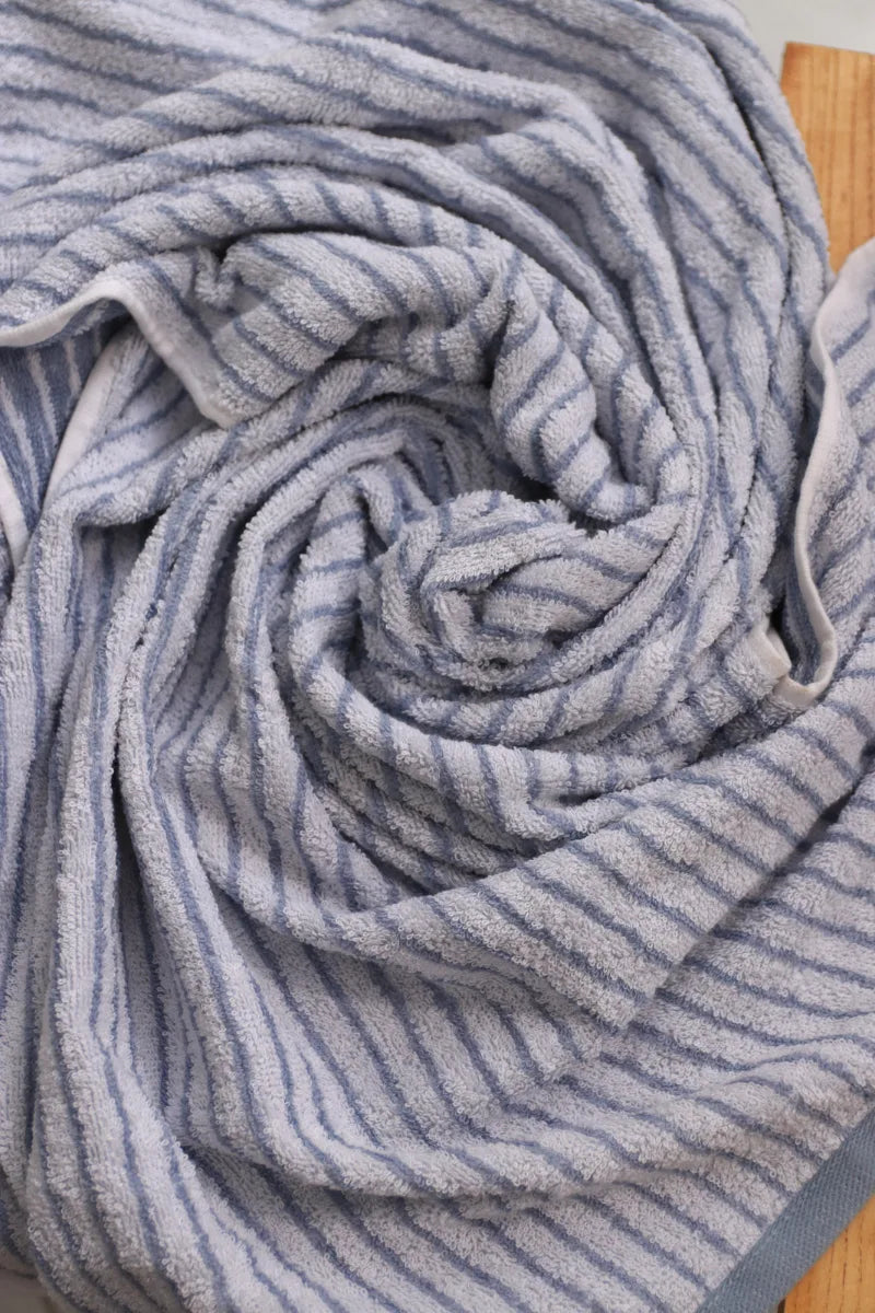 Cotton Stripe Bath Towel Set – Pack of 2 (Light Grey & Blue Dark)