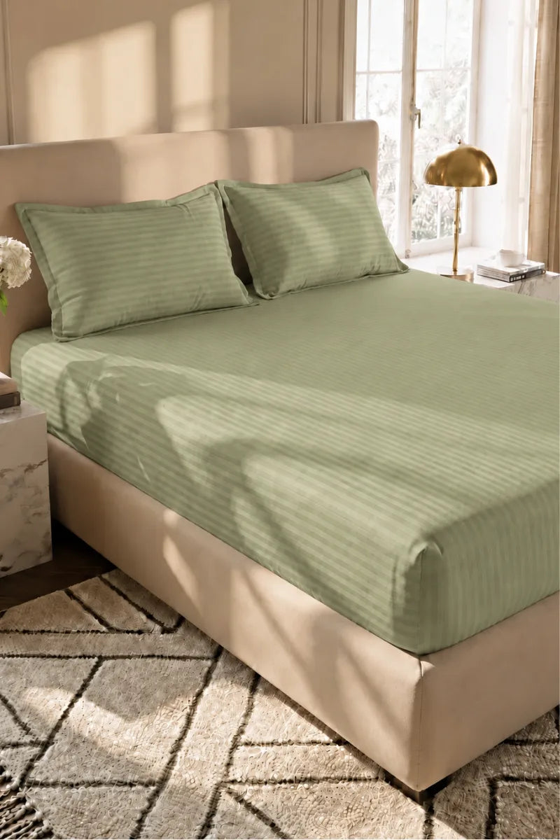 Olive Green Stripe Fitted Bedsheet - King Size