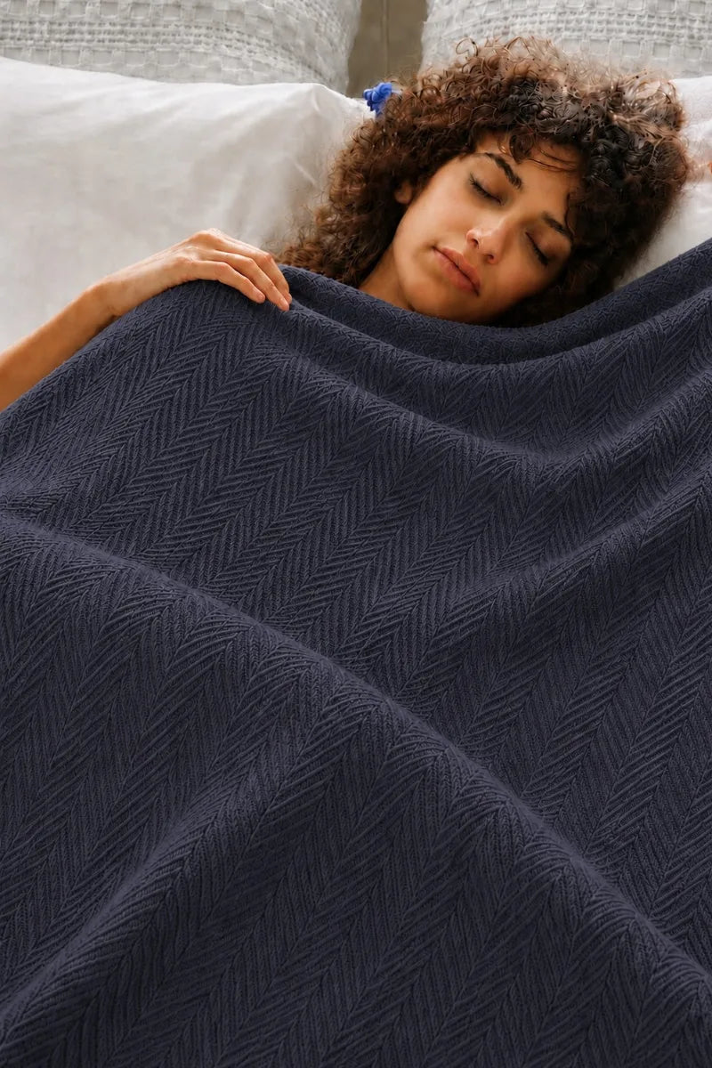 Ash Black Thermal Cotton Blanket - Zig-Zag Chevron Texture