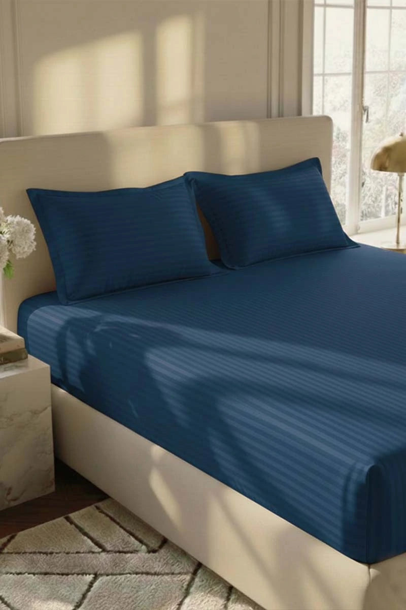 Royal Teal Stripe Fitted Bedsheet - King Size