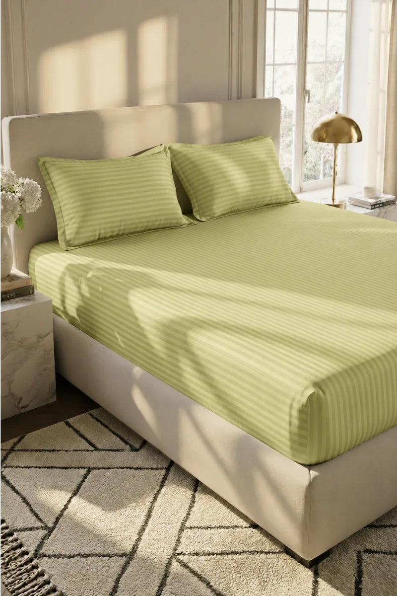 Pistachio Green Stripe Fitted Bedsheet - King Size
