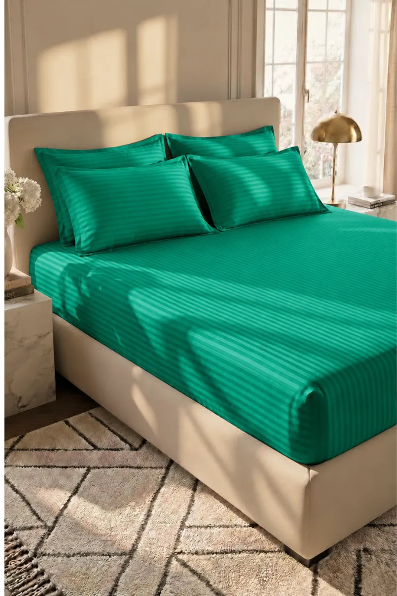 Teal Green Stripe Fitted Bedsheet - King Size