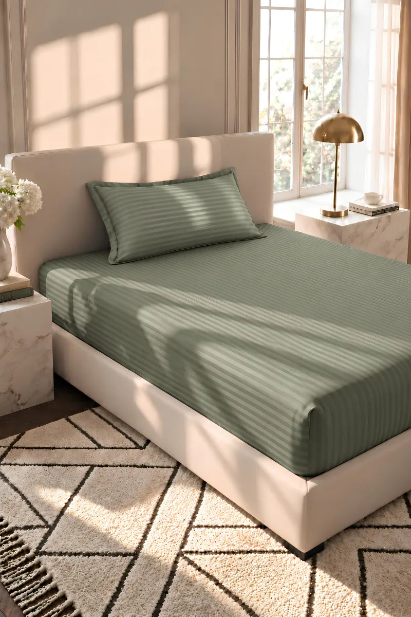 Sage Green Stripe Fitted Bedsheet - King Size