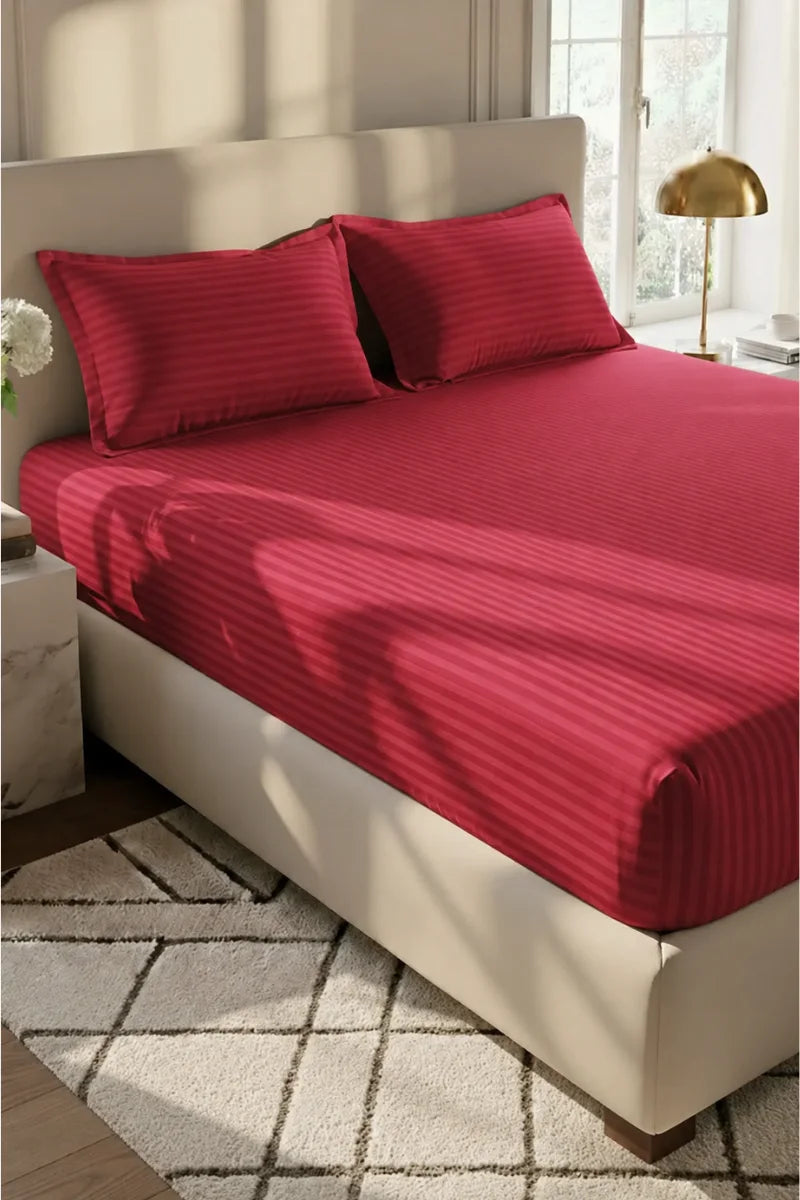 Scarlet Satin Stripe Fitted Bedsheet - King Size