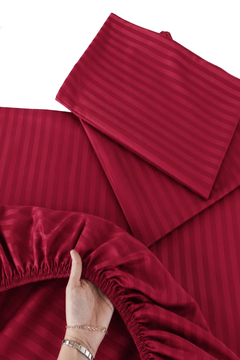 Scarlet Satin Stripe Fitted Bedsheet - King Size