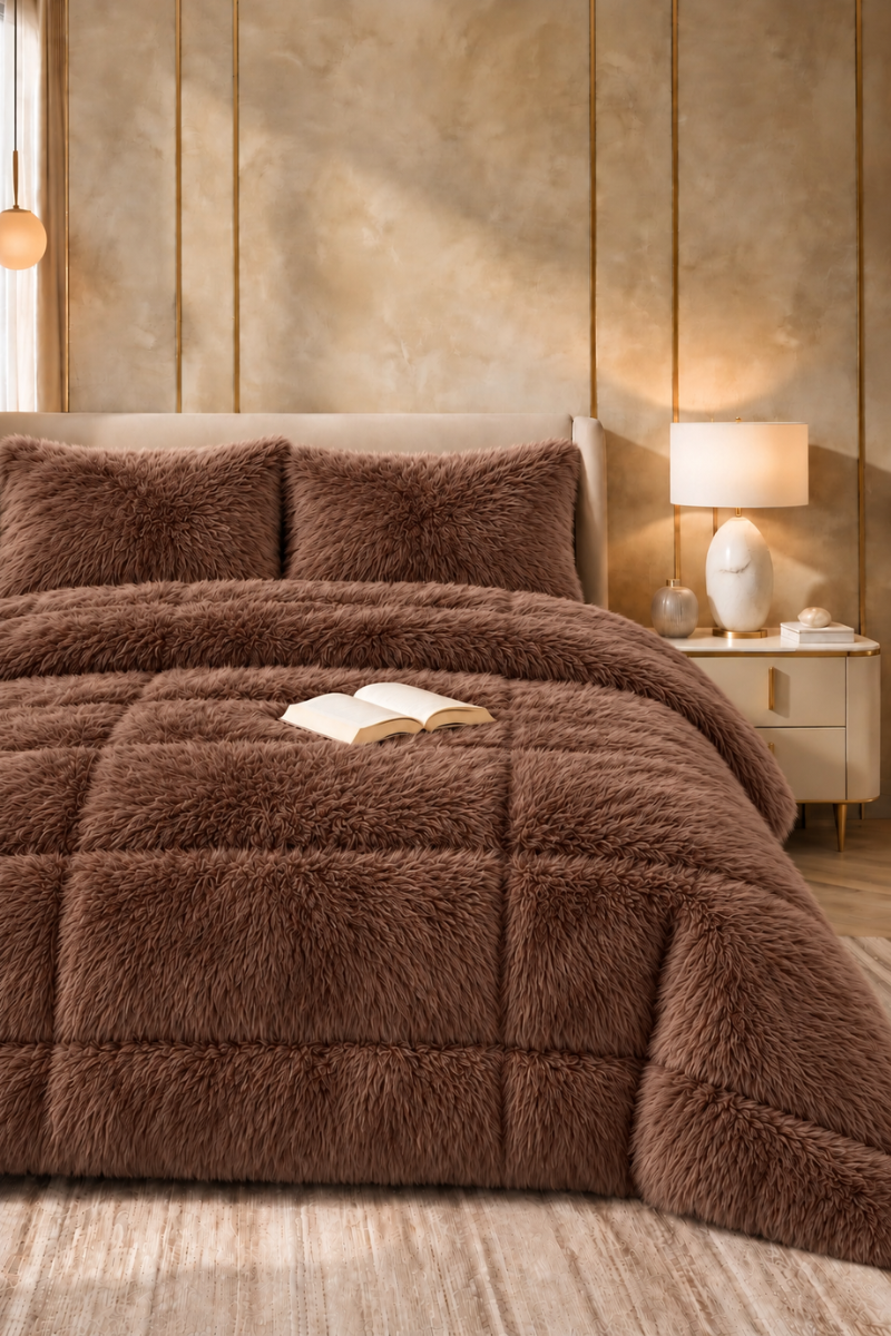 Luxury Chocolate Brown Shaggy Fur Comforter Set – King Size