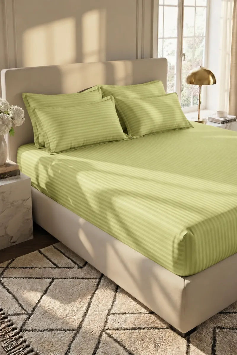 Pistachio Green Stripe Fitted Bedsheet - King Size